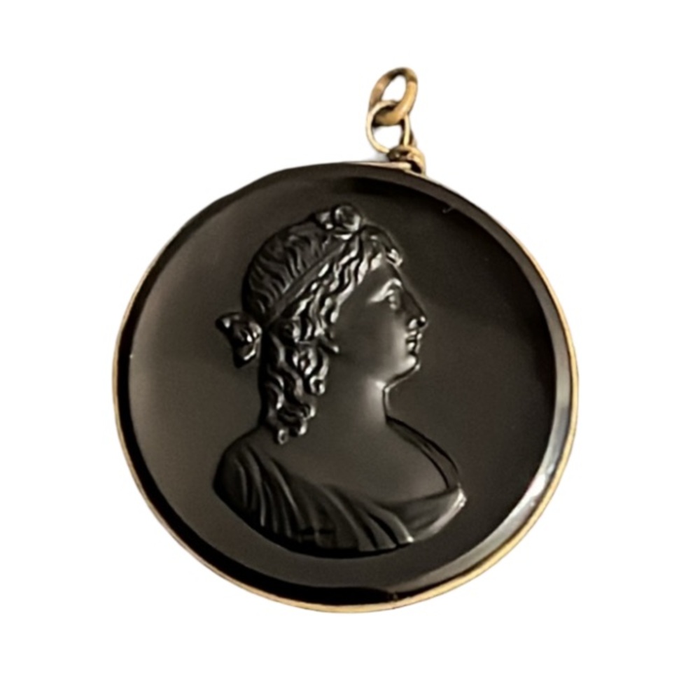 Antique Art Nouveau Gold Filled Purple Indigo Glass  Wrapped Lady Cameo Pendent
